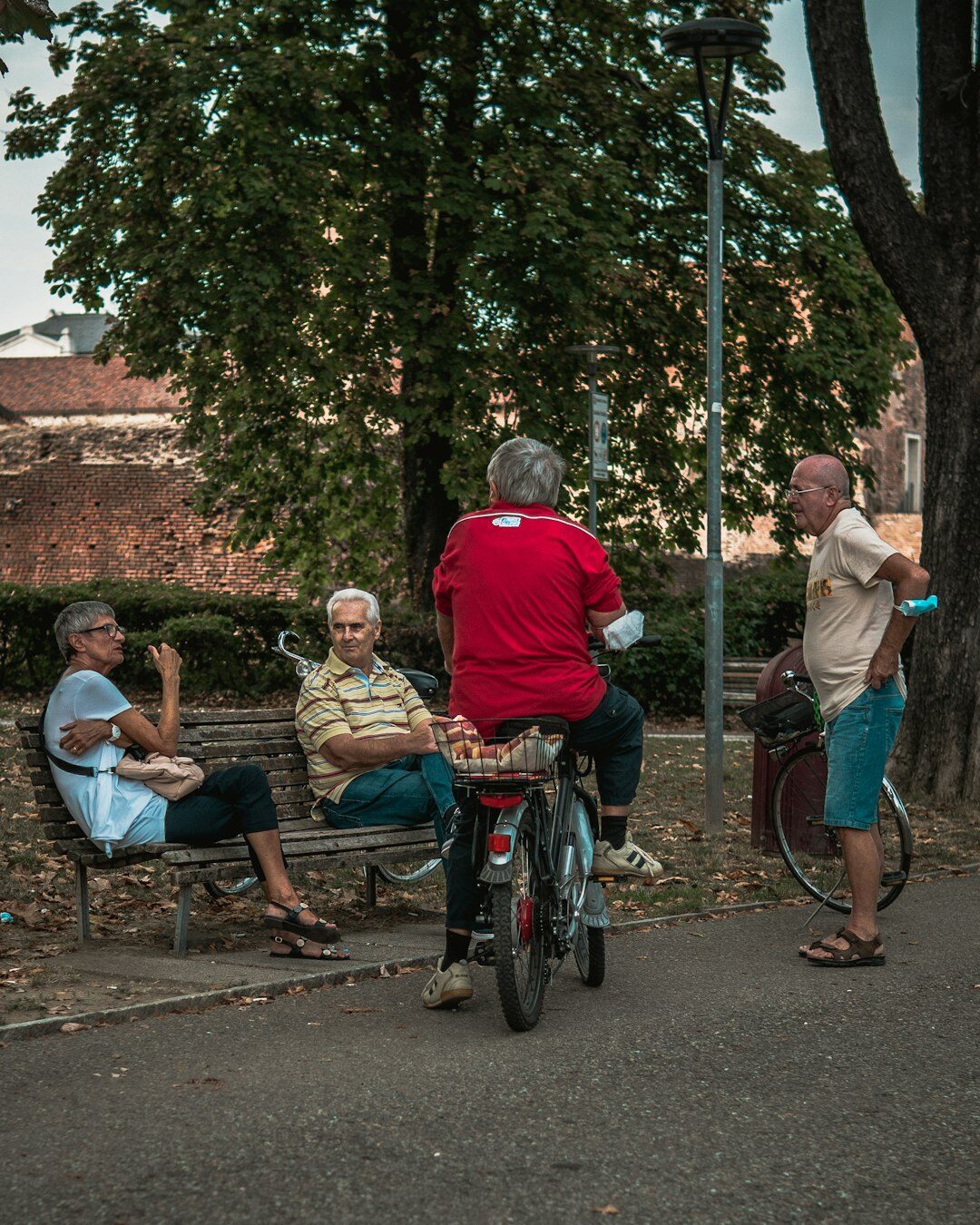 Diverse group of active older adults laughing together outdoors in a park